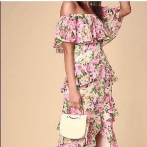 WAYF Off Shoulder Floral Ruffle Midi Dress Size M